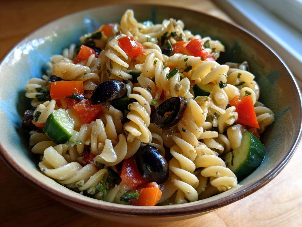Close-up of pasta salad no cheese with rotini pasta, tomatoes, olives, and cucumber.