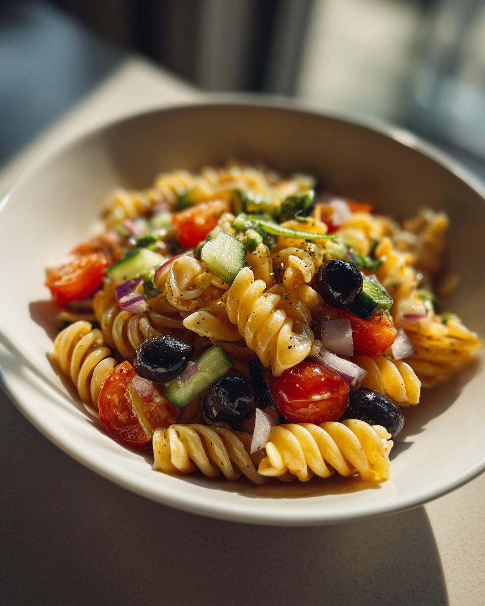 A vibrant bowl of pasta salad no cheese with tomatoes, olives, cucumbers, and red onion.