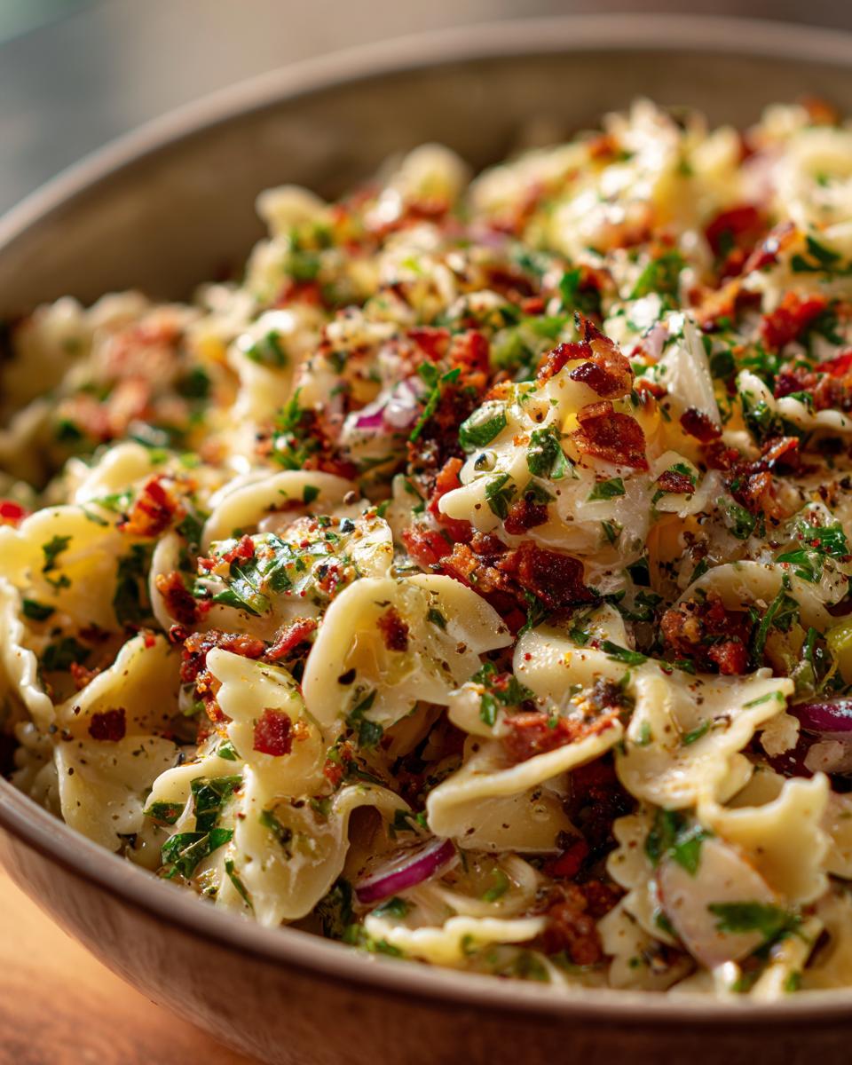 Close-up of a bowl of pasta salad no mayo with bacon, herbs, and red onion.