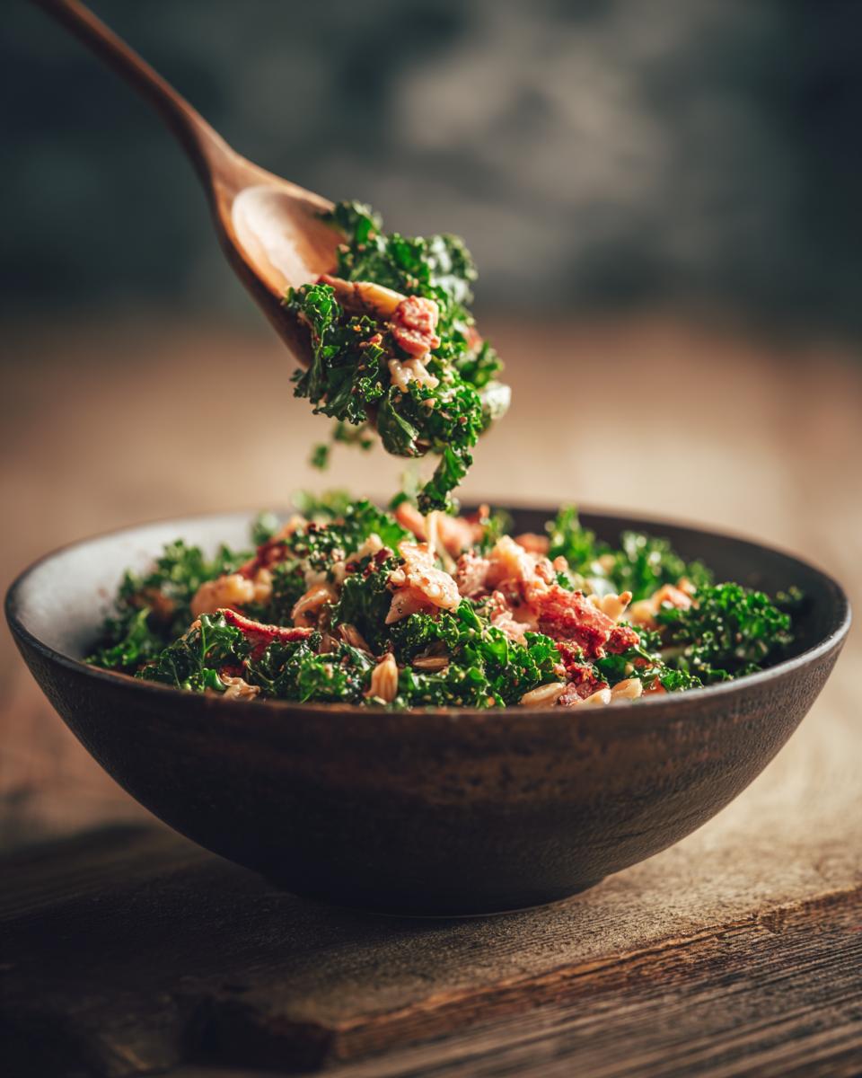Pasta salad no mayo with kale, bacon, and other ingredients in a wooden bowl being served with a wooden spoon.