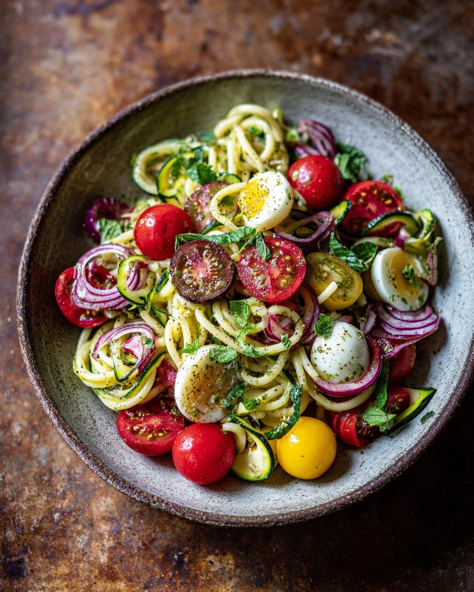 Pasta salad no mayo with tomatoes, zucchini, red onion, and eggs in a bowl.