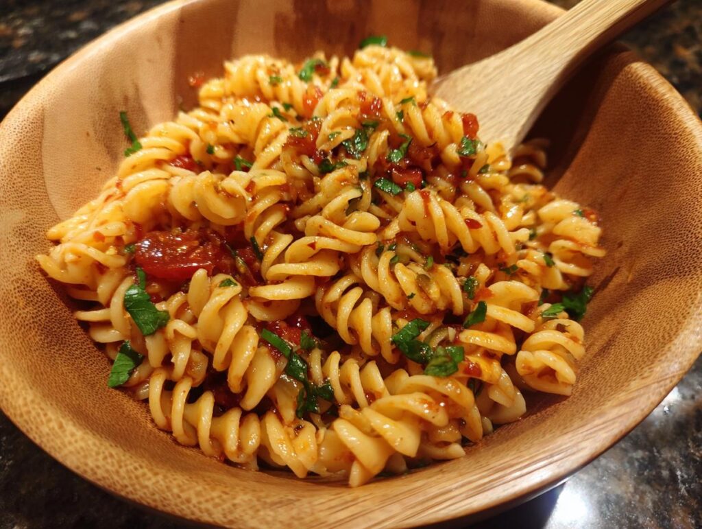 Close-up of pasta salad no mayo in a wooden bowl, showing fusilli pasta, tomatoes, and herbs.