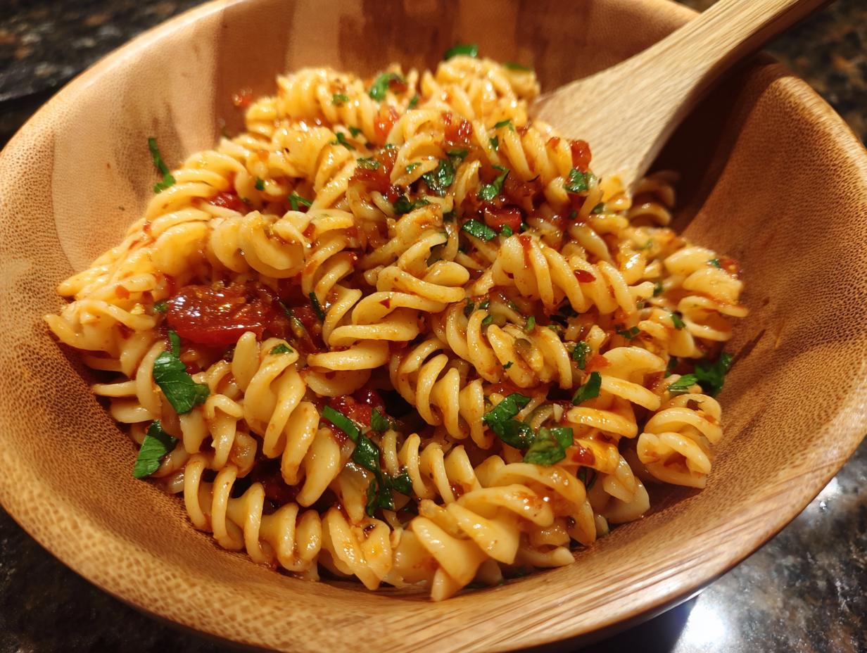 Close-up of pasta salad no mayo in a wooden bowl, showing fusilli pasta, tomatoes, and herbs.