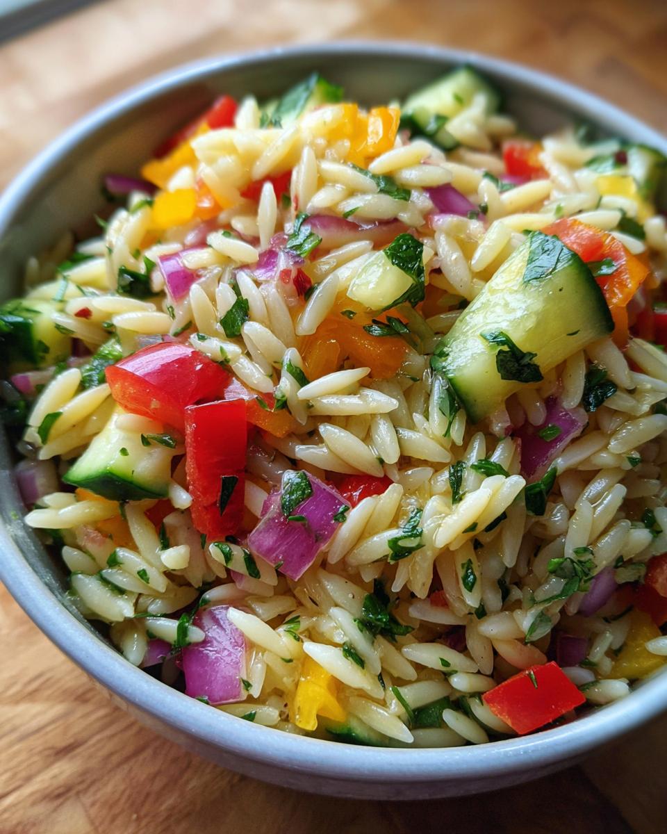 Close-up of a colorful pasta salad orzo with vegetables in a bowl. The pasta salad orzo contains cucumber, red onion, and bell peppers.