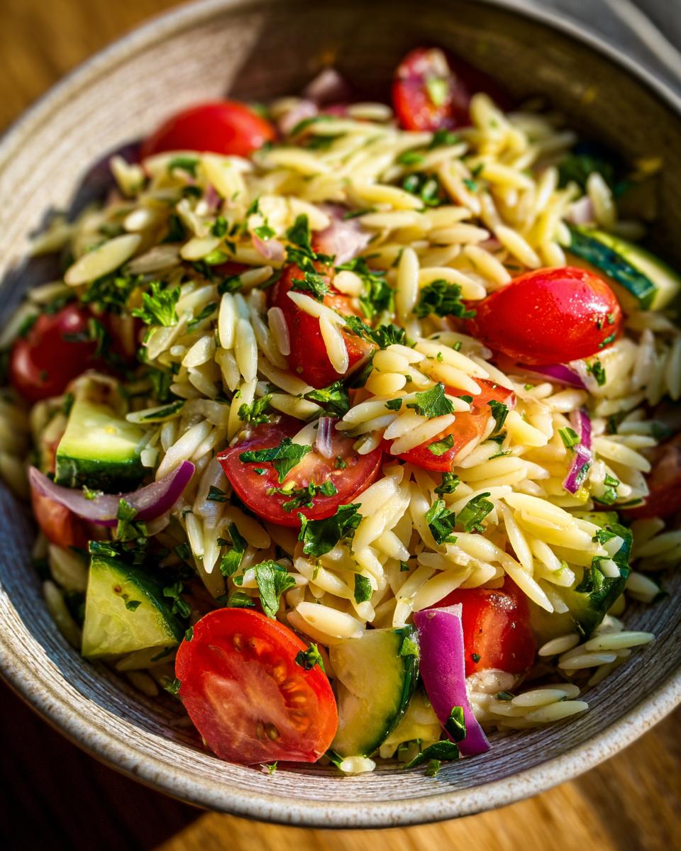 Close-up of a bowl of pasta salad orzo with cherry tomatoes, cucumber, and red onion.