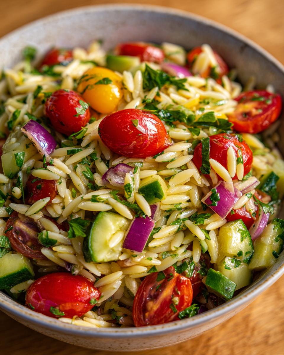 Close-up of a bowl filled with pasta salad orzo, cherry tomatoes, cucumber, and red onion.