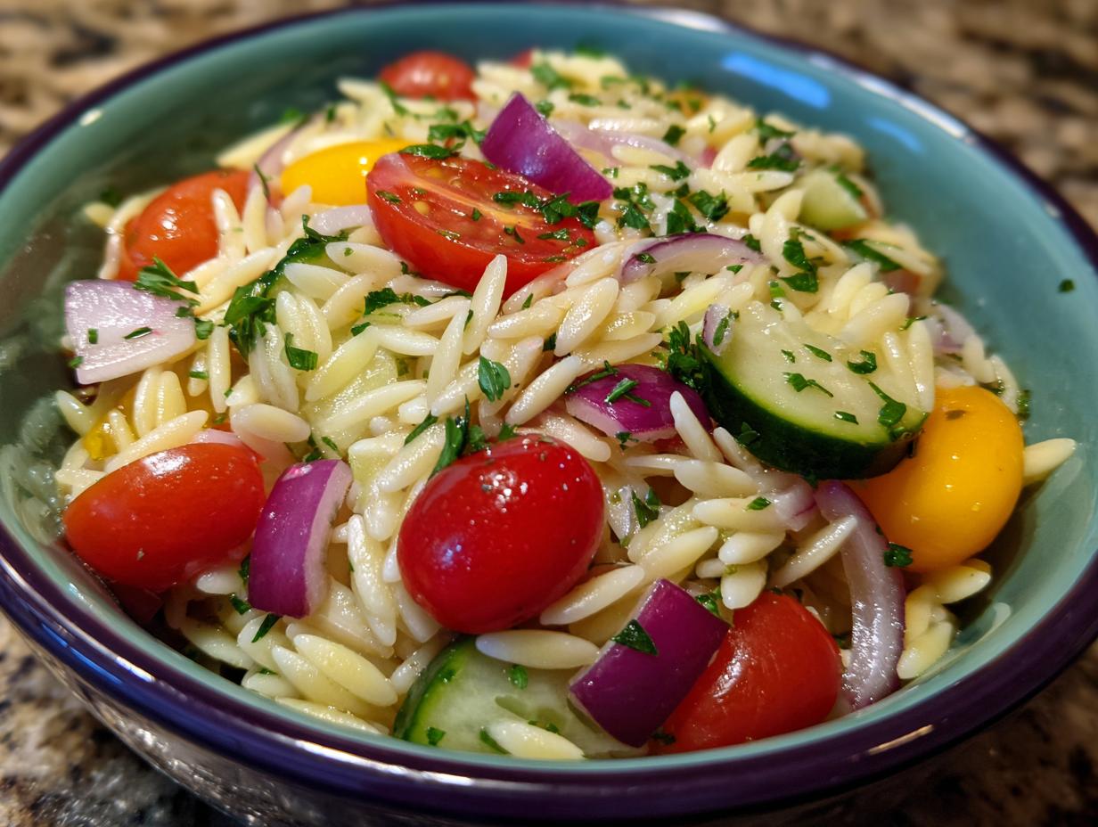 Close-up of a bowl of pasta salad orzo with cherry tomatoes, red onion, and herbs.