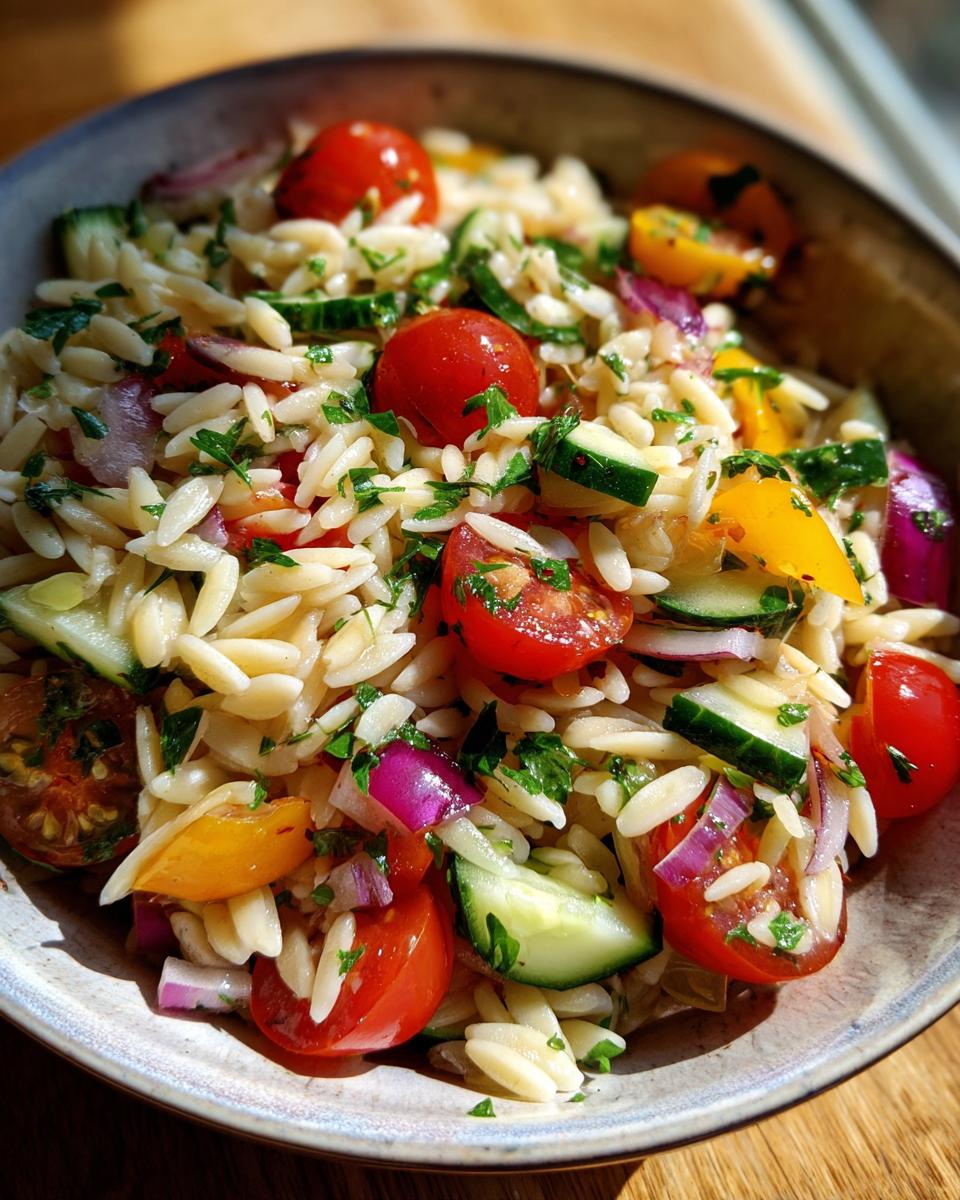 Close-up of a pasta salad orzo with cherry tomatoes, cucumber, red onion, and herbs.