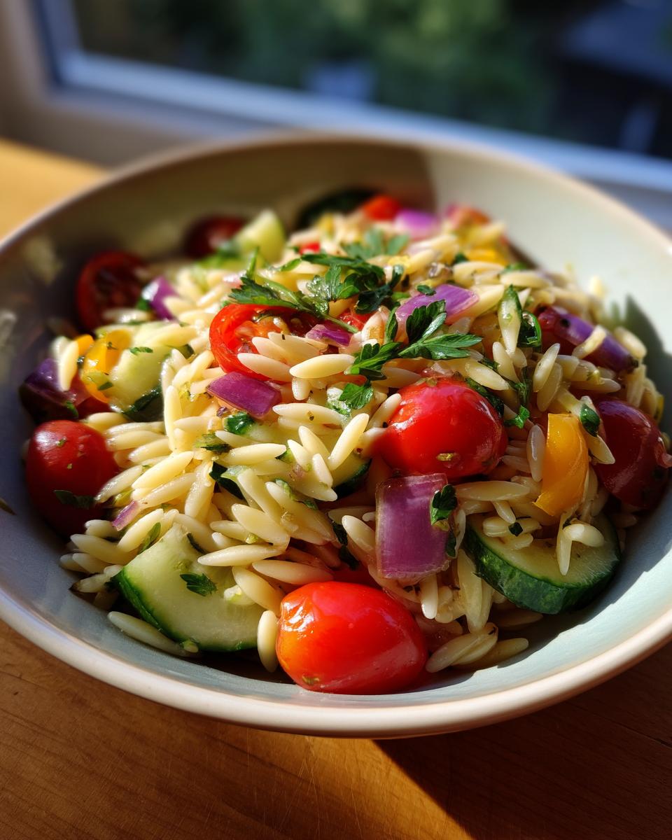 Close-up of a bowl of pasta salad orzo with tomatoes, cucumber, and red onion.