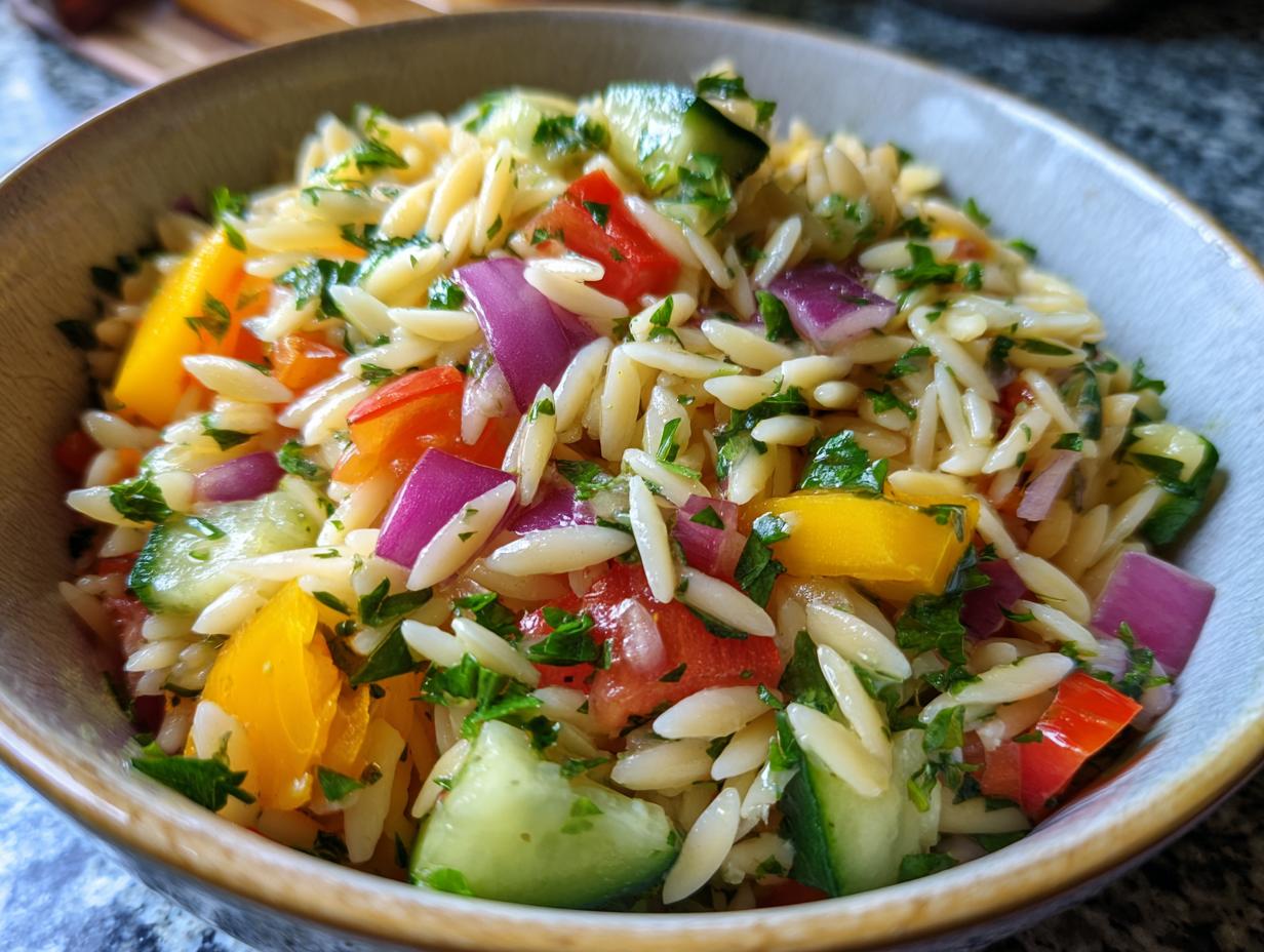 Close-up of a bowl of pasta salad orzo with tomatoes, peppers, cucumber, and herbs.
