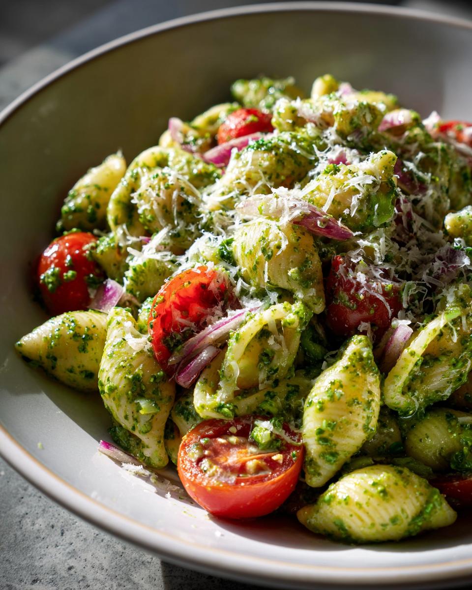 Close-up of pasta salad pesto with shell pasta, tomatoes, red onion, and parmesan cheese.