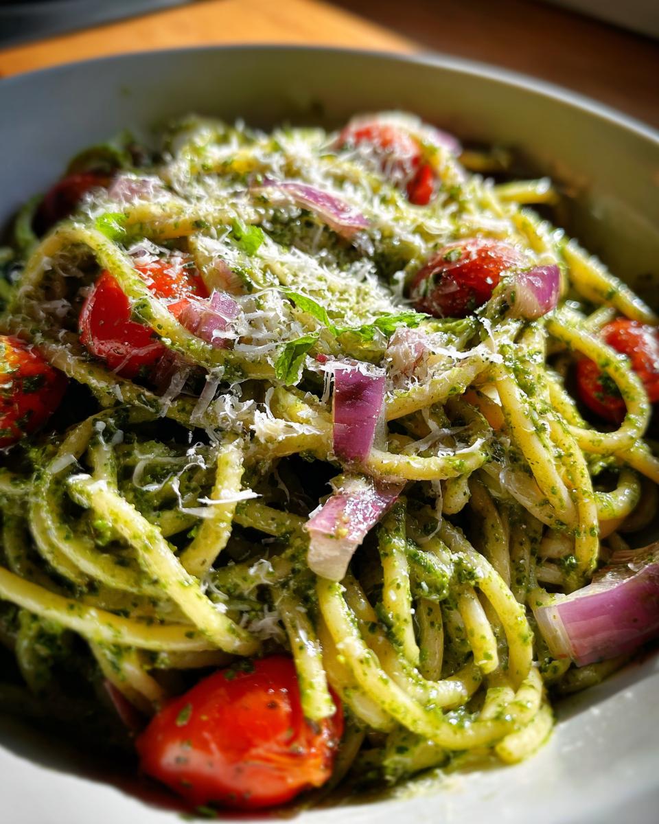 Close-up of pasta salad pesto with tomatoes, red onion, and parmesan cheese.