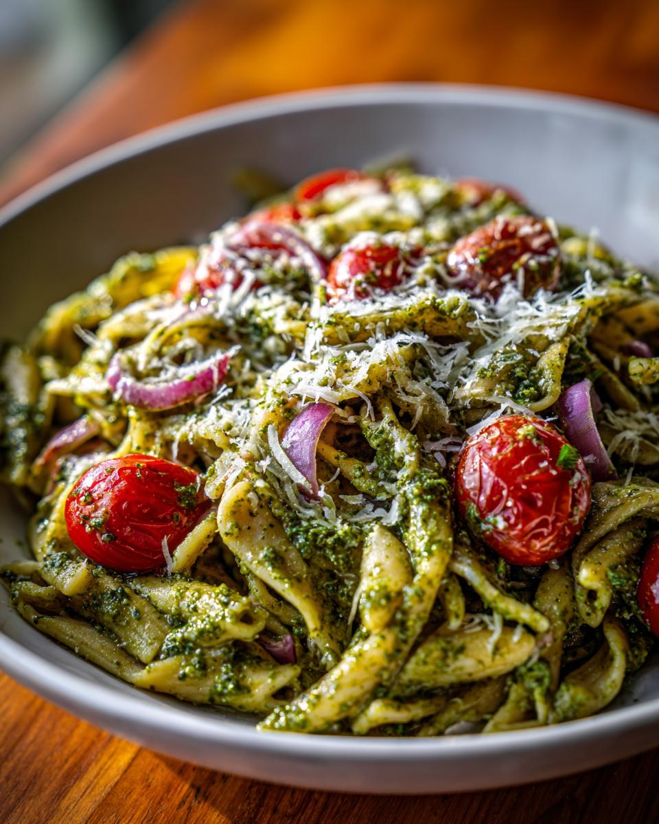 Close-up of pasta salad pesto with cherry tomatoes, red onion, and parmesan.
