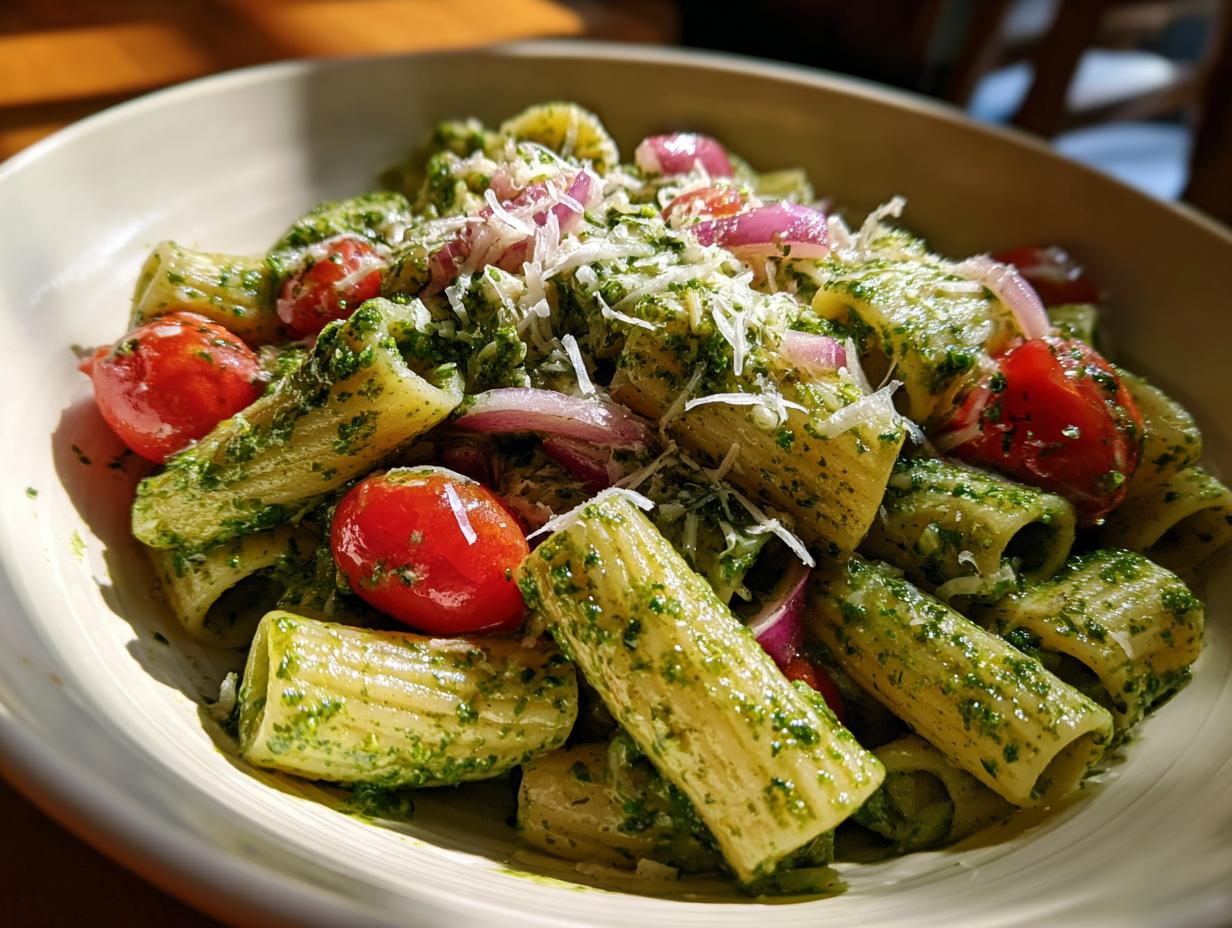 Close-up of pasta salad pesto with cherry tomatoes, red onion, and parmesan cheese.