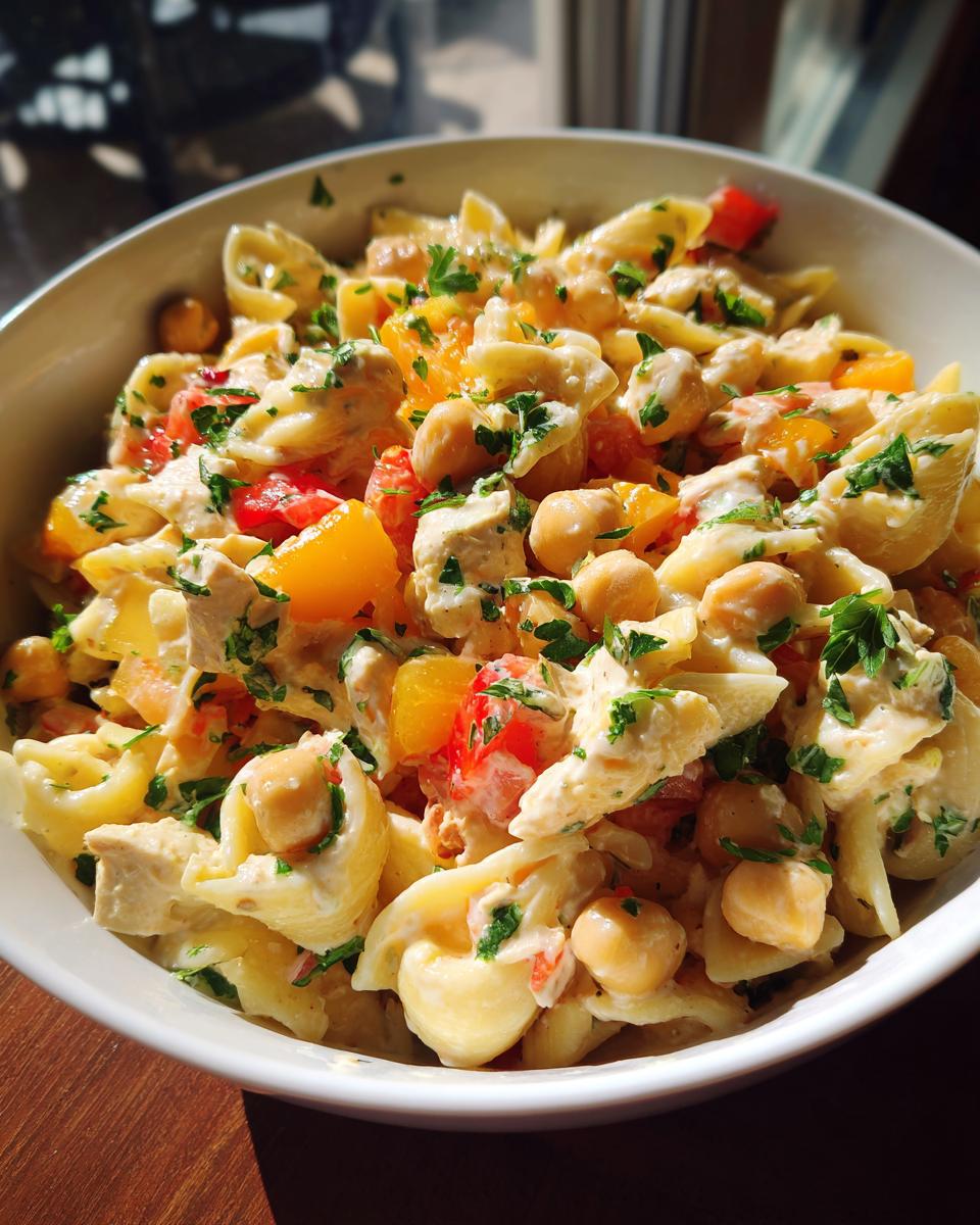 Close-up of a pasta salad protein bowl with chickpeas, vegetables, and herbs. The pasta salad protein is in a white bowl.