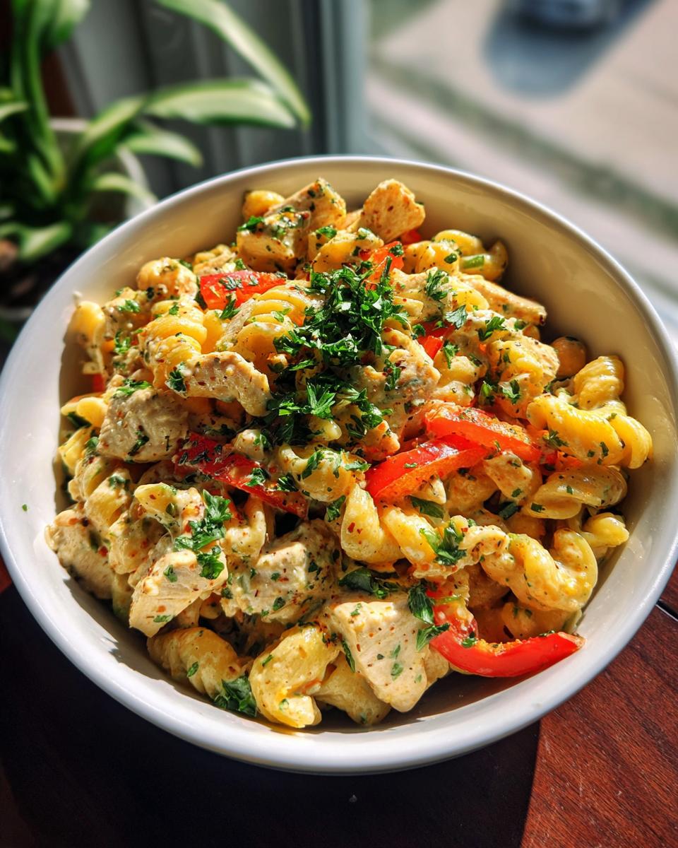 Close-up of a pasta salad protein bowl with chicken, red bell peppers, and fresh herbs. The pasta salad protein is in a white bowl.