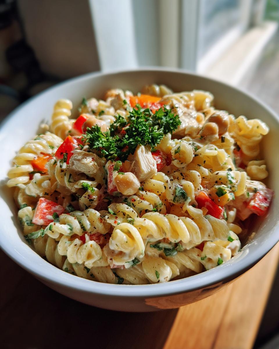 Close-up of a bowl of creamy pasta salad protein with chicken, chickpeas, and vegetables.