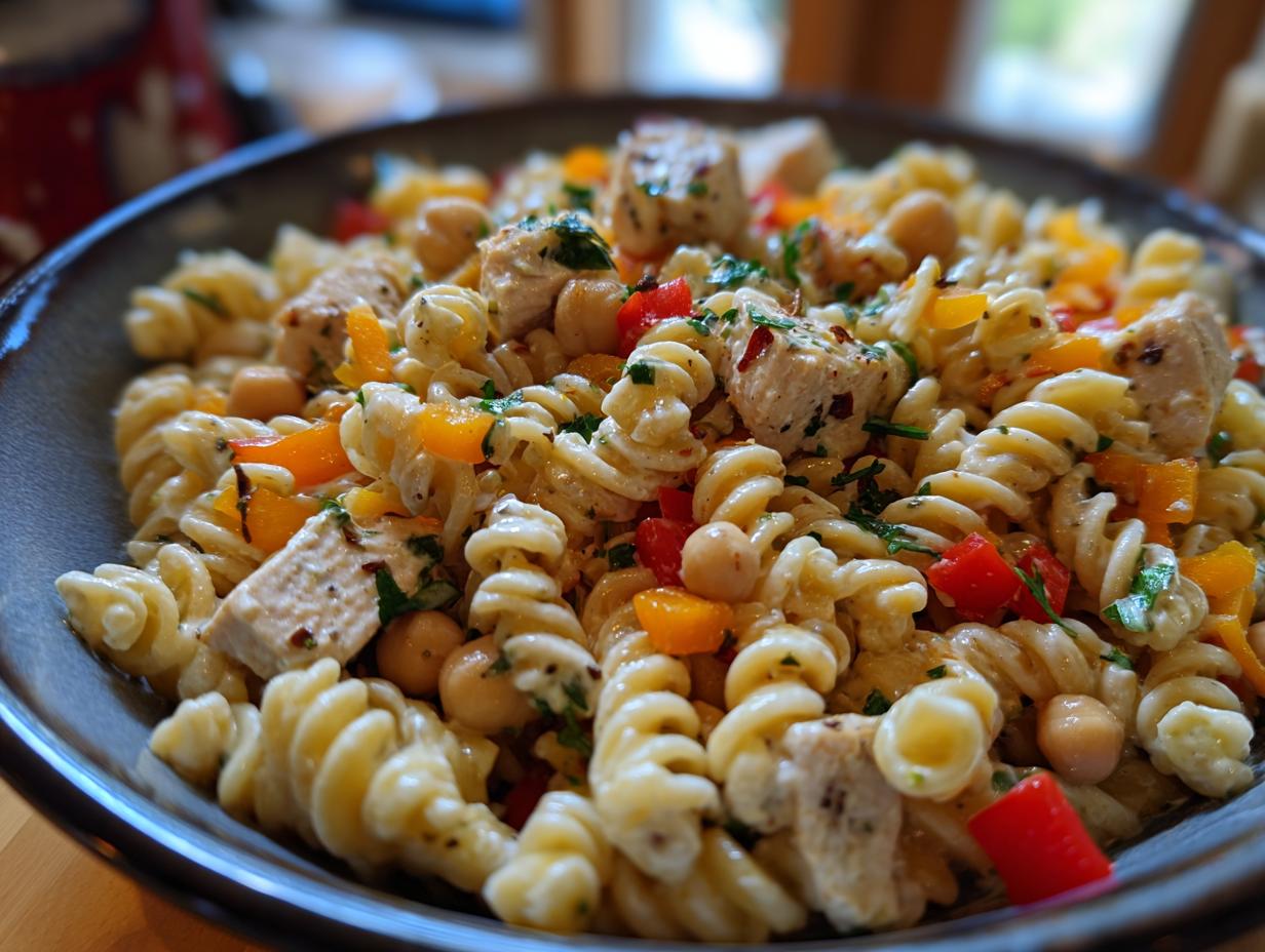 Close-up of a pasta salad protein bowl with chicken, chickpeas, and bell peppers.