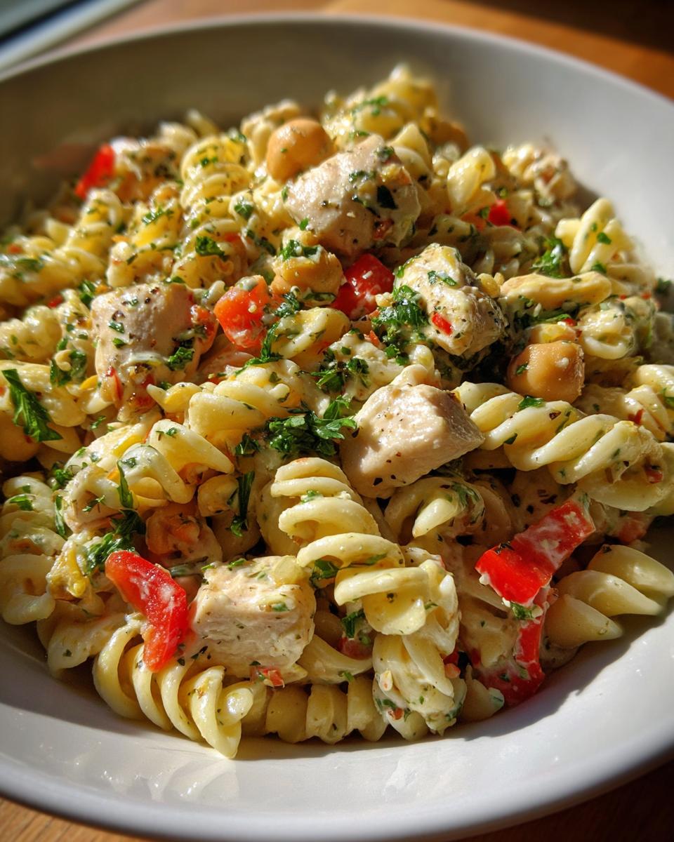 Close-up of a bowl filled with pasta salad protein, chicken, red peppers, and herbs.