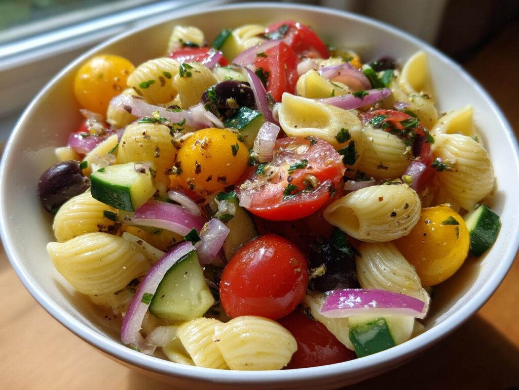 Close-up of a bowl of pasta salad with tomatoes, olives, cucumbers, and red onion. This is how to make pasta salad.