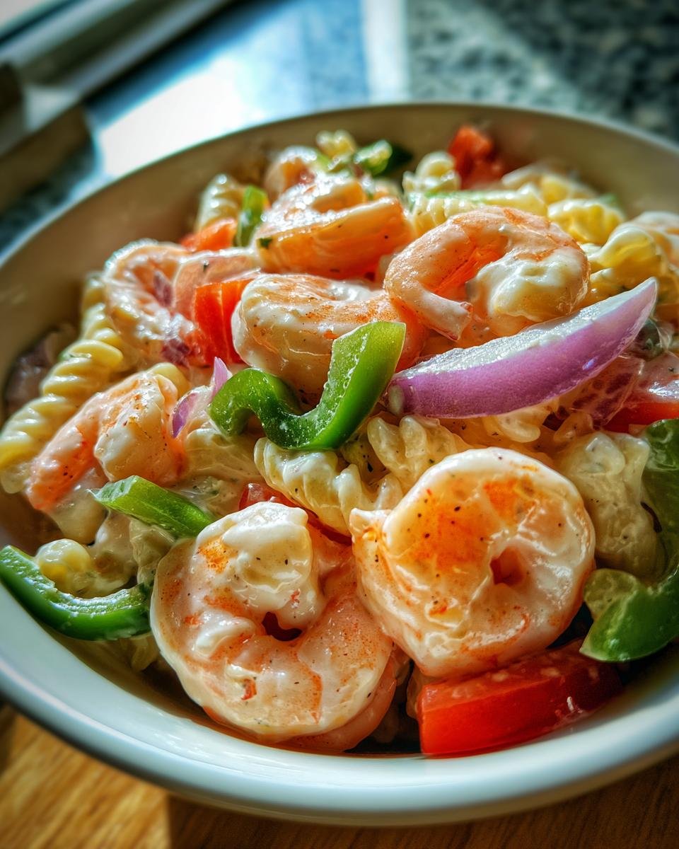 Close-up of a bowl of pasta salad shrimp with vegetables and creamy dressing.