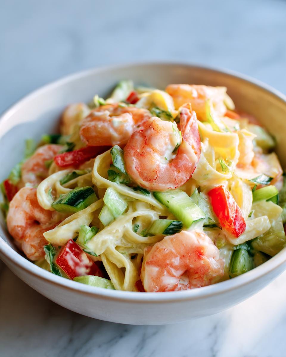 Close-up of a bowl filled with pasta salad shrimp, tomatoes, and cucumbers.