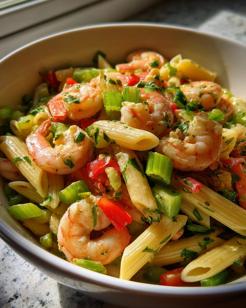 Close-up of pasta salad shrimp in a white bowl, with penne pasta, shrimp, and vegetables.