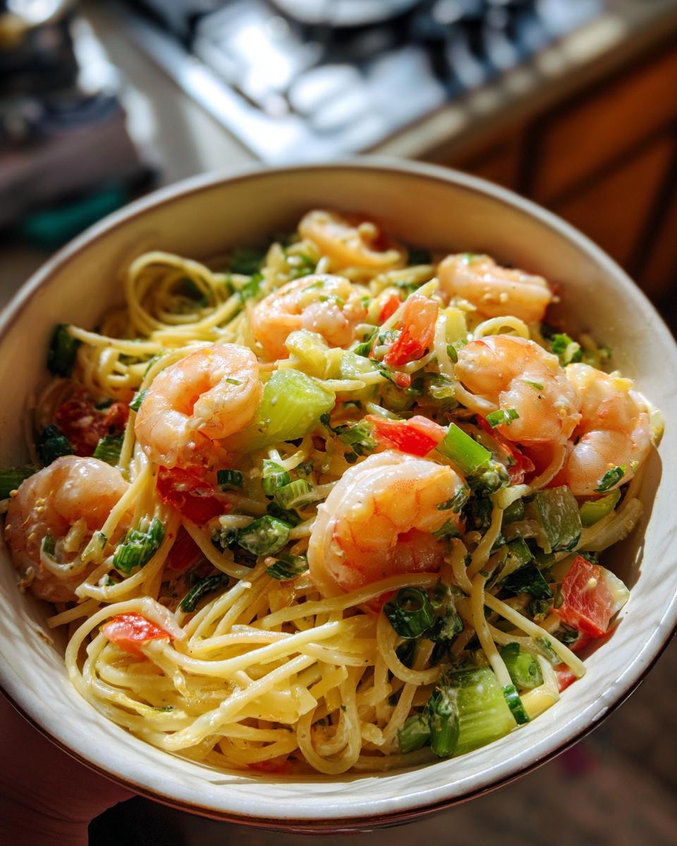 Close-up of a bowl of pasta salad shrimp with tomatoes, green onions, and creamy sauce.