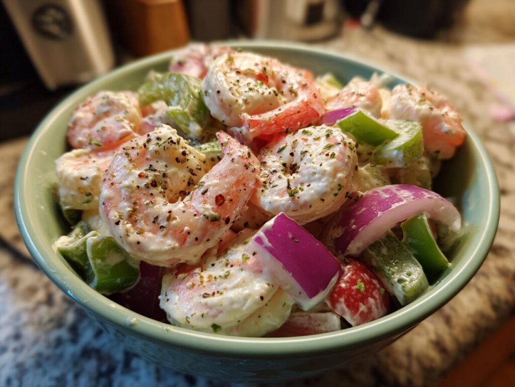 Close-up of a bowl of pasta salad shrimp with red onion, green pepper, and creamy dressing.