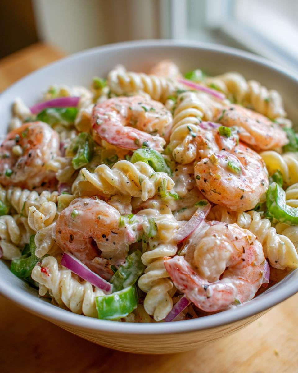 Close-up of a bowl of pasta salad shrimp with pasta, shrimp, and vegetables.