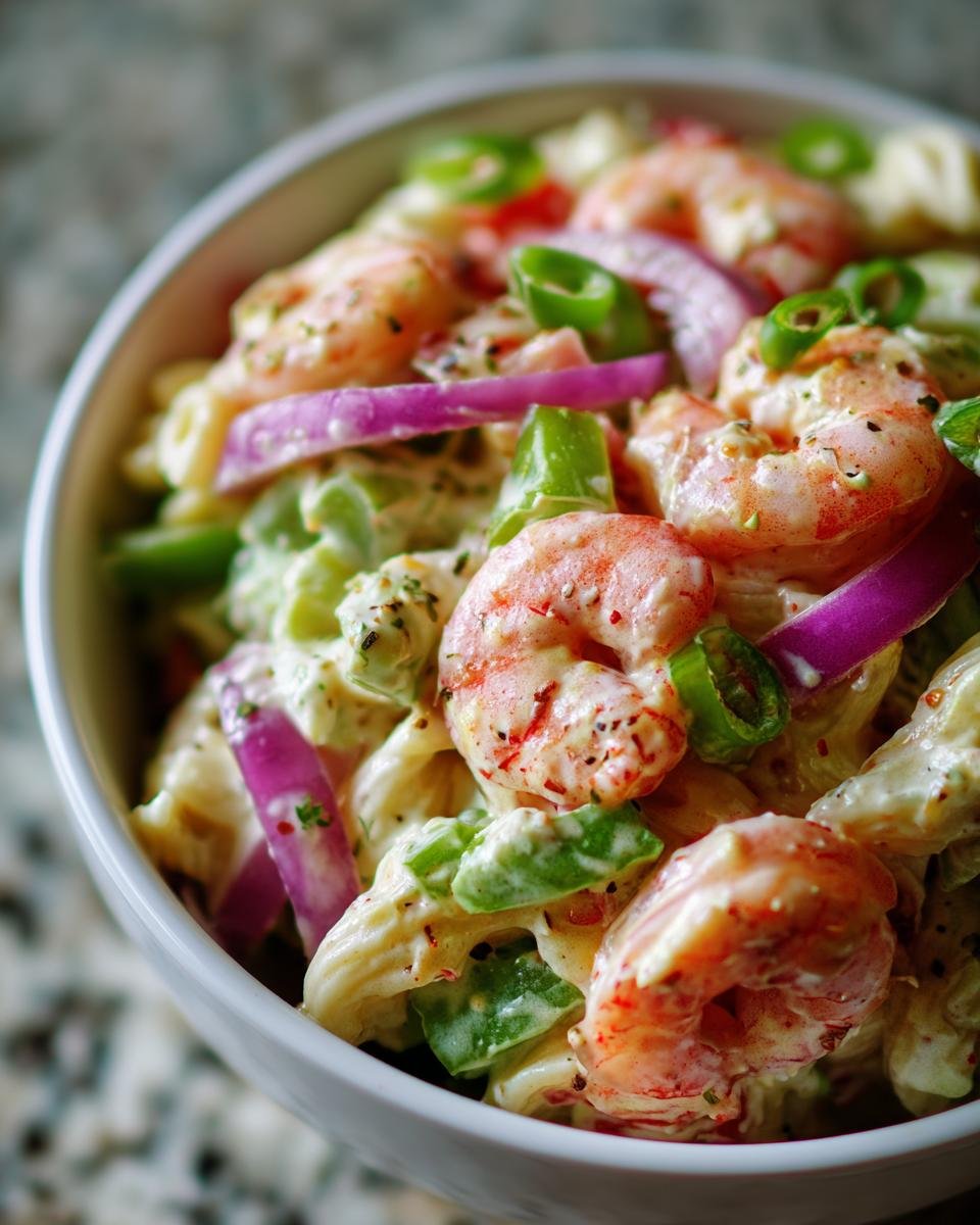 Close-up of a bowl of pasta salad shrimp with red onion, green peppers, and creamy dressing.