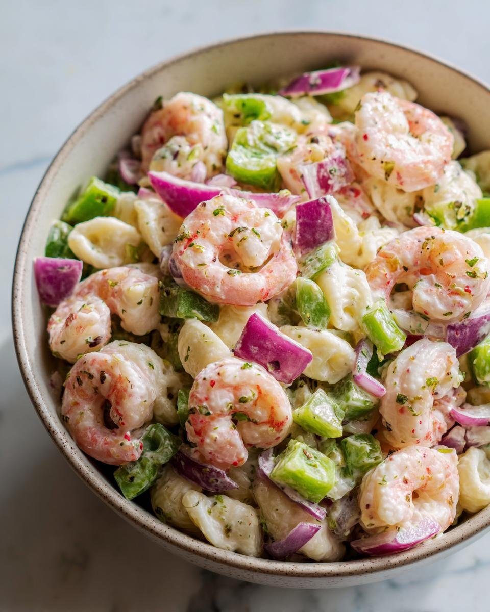 Close-up of a bowl filled with pasta salad shrimp, red onion, and green bell peppers.