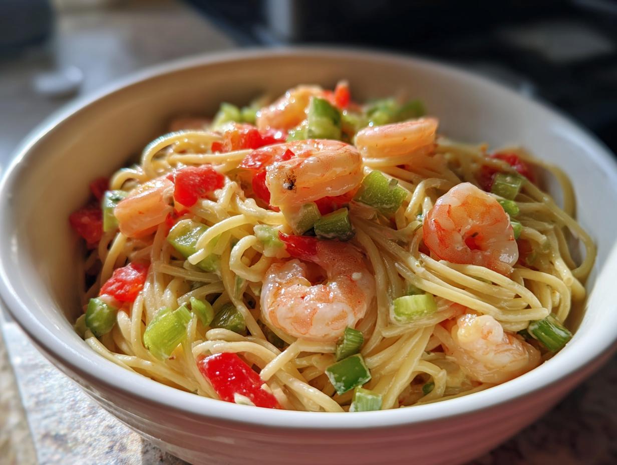 Close-up of pasta salad shrimp in a white bowl with shrimp, bell peppers, and pasta.