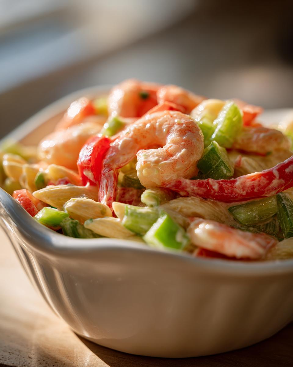 Close-up of a pasta salad shrimp with penne pasta, shrimp, red bell peppers, and celery.
