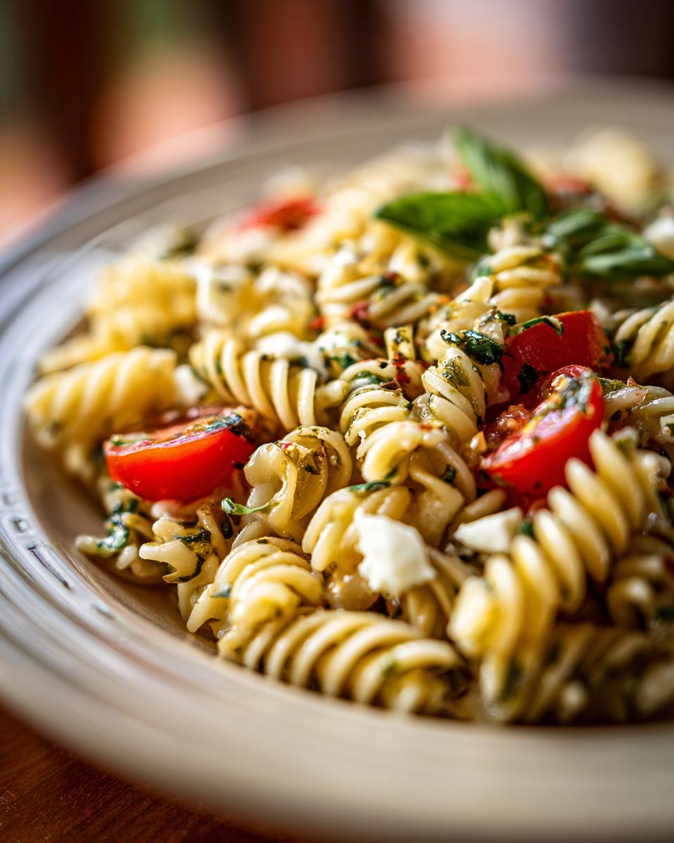 Close-up of a delicious pasta salad spring with tomatoes, basil, and cheese.