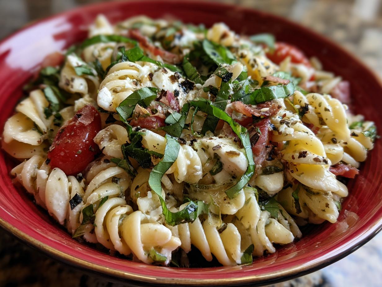 Close-up of a vibrant pasta salad spring with tomatoes, basil, and cheese in a red bowl. The pasta salad spring is ready to serve.