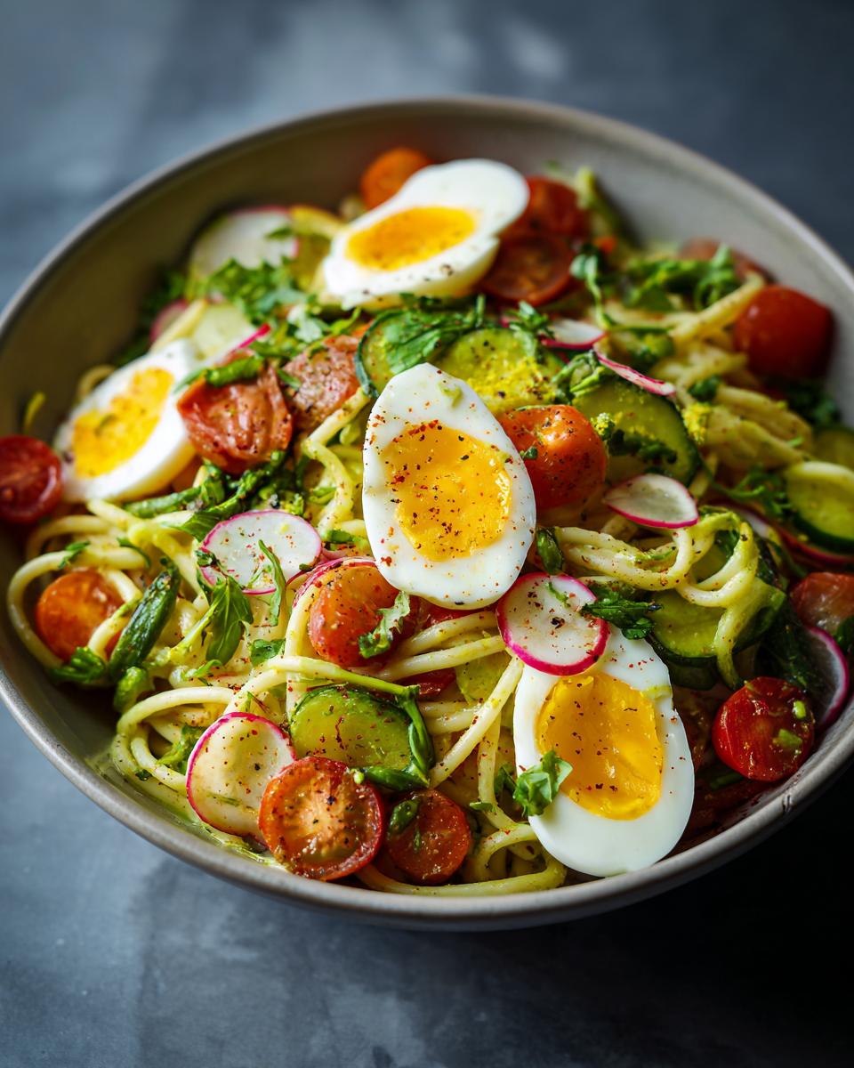 Close-up of pasta salad spring with eggs, tomatoes, cucumbers, and radishes.
