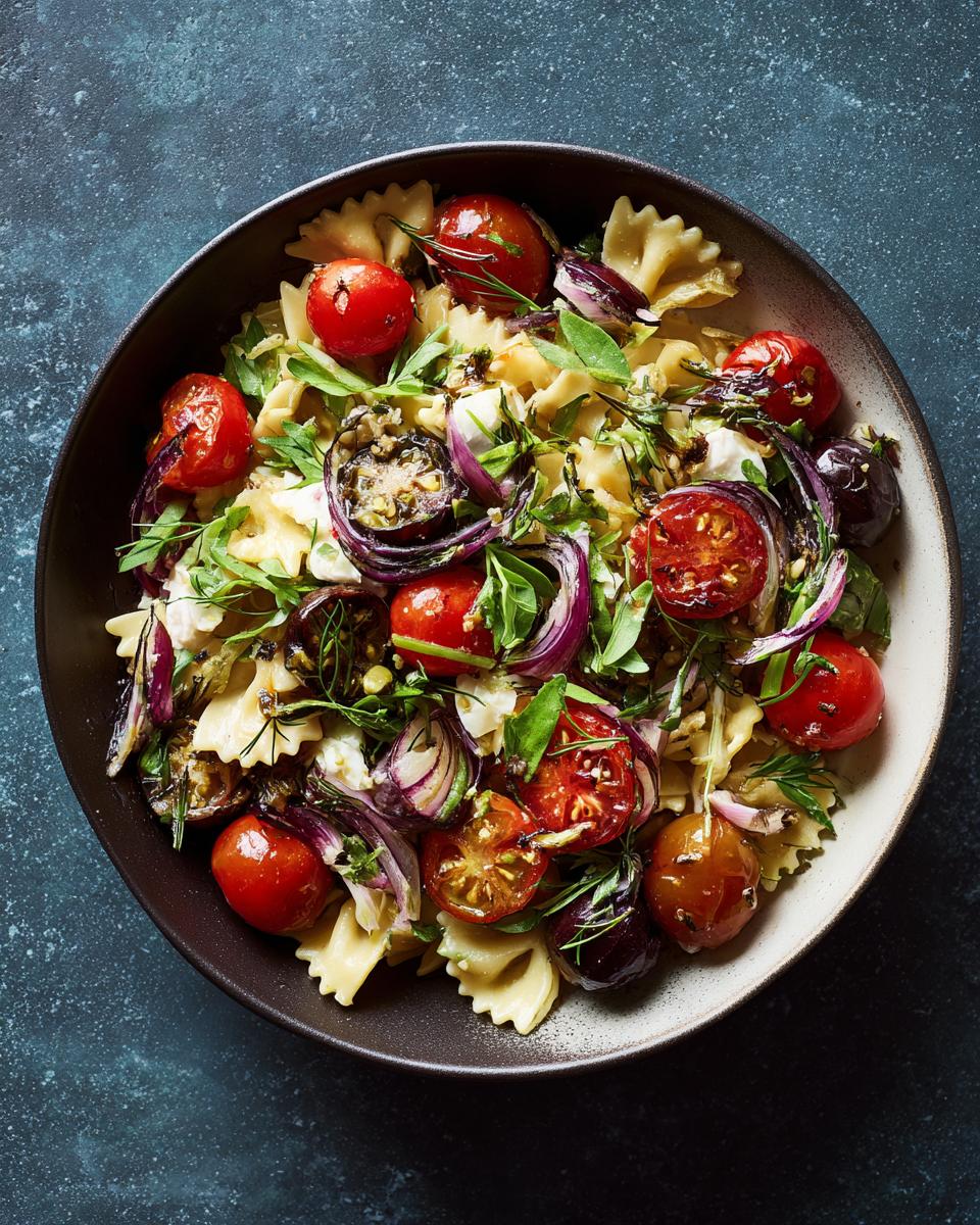 Overhead shot of a delicious pasta salad spring with tomatoes, red onion, and herbs.