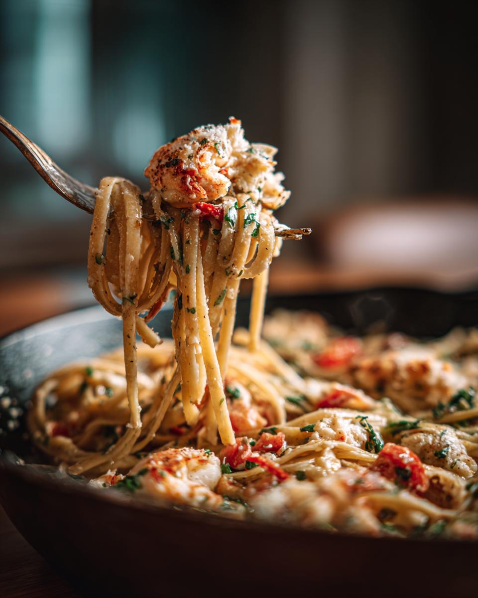 Close-up of pasta salad spring with shrimp on a fork, showing the delicious ingredients.