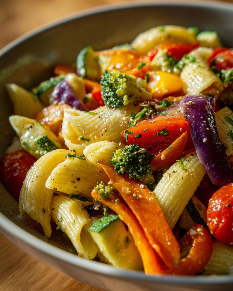 Close-up of a pasta salad that keeps well, with pasta, vegetables, and herbs.