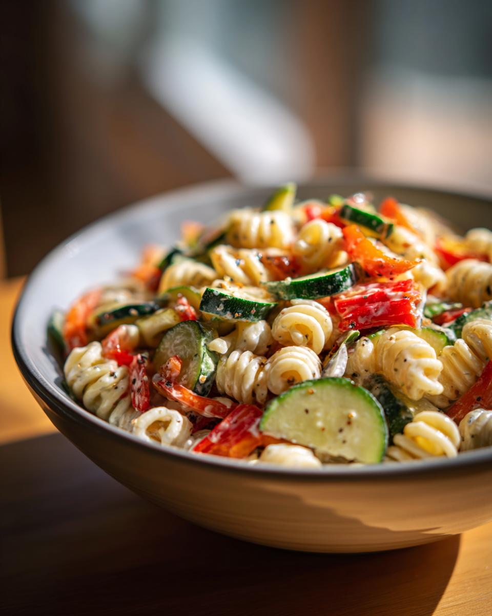 Close-up of a bowl filled with pasta salad that keeps well, with vegetables and creamy dressing.