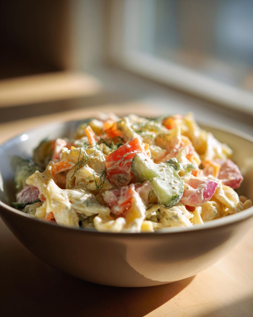 Close-up of a bowl of pasta salad that keeps well, with vegetables and creamy dressing.