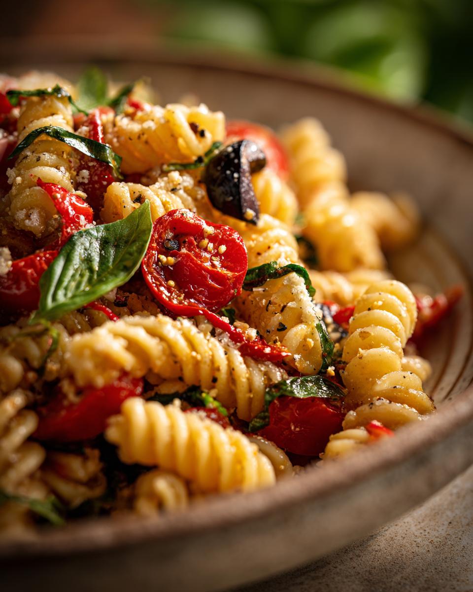 Close-up of a pasta salad that keeps well with tomatoes, olives, and basil.