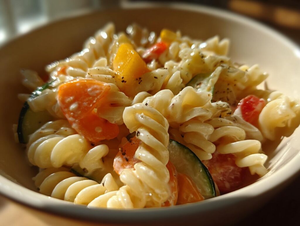 Close-up of a pasta salad that keeps well with vegetables in a bowl.