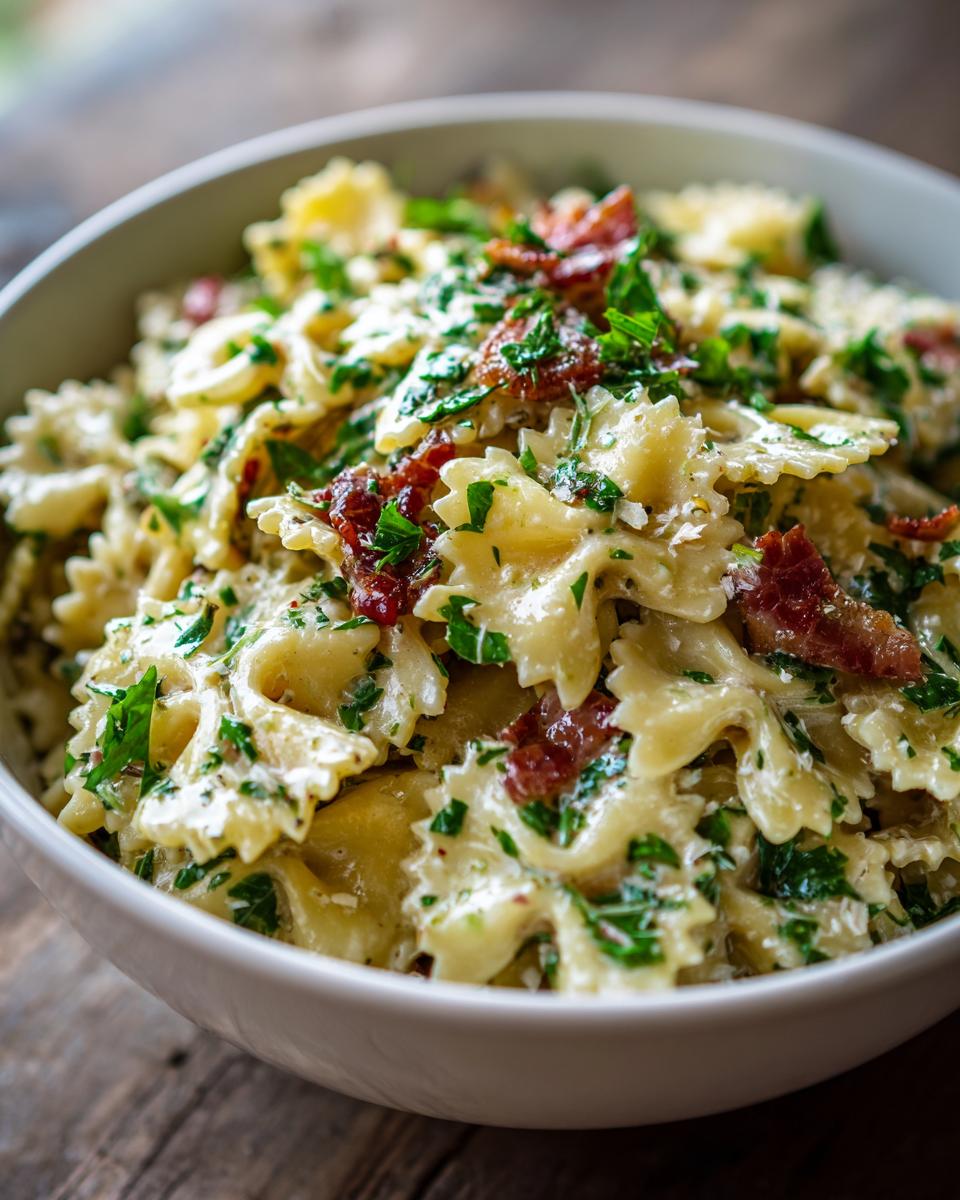 Close-up of a bowl of pasta salad that keeps well, with farfalle pasta, bacon, and herbs.