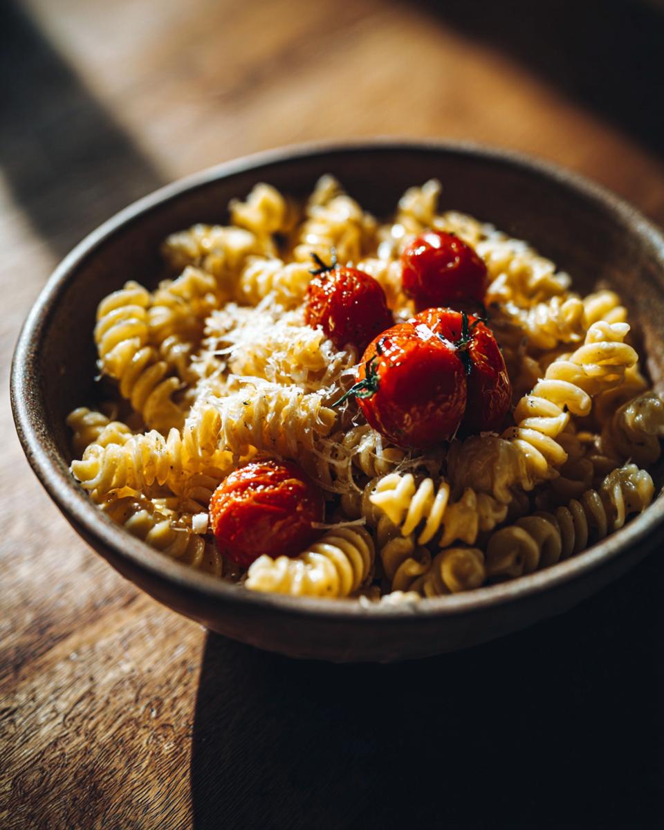Close-up of pasta salad that keeps well, with roasted tomatoes and cheese.
