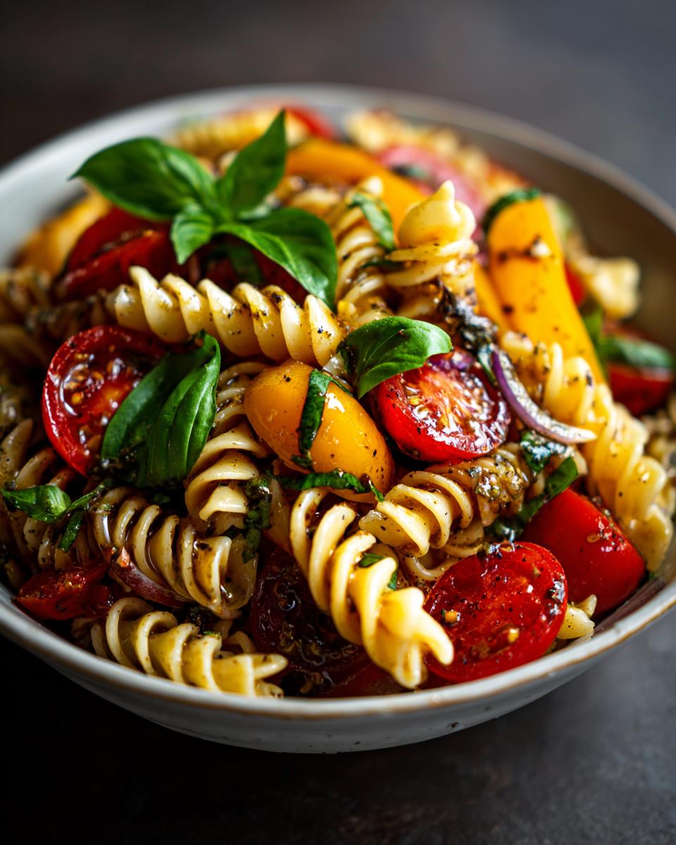 Close-up of a vibrant pasta salad that keeps well, with tomatoes, basil, and pasta.