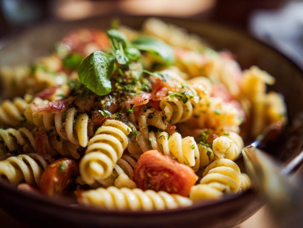 Close-up of a bowl of pasta salad with tomatoes, basil, and other ingredients. Learn how do you make pasta salad.