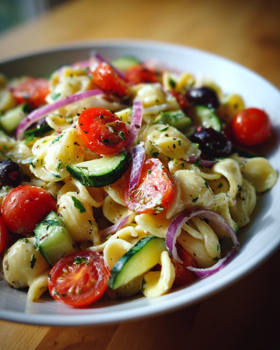 Close-up of a bowl of pasta salad with tomatoes, cucumbers, red onion, and olives; how do you make pasta salad.