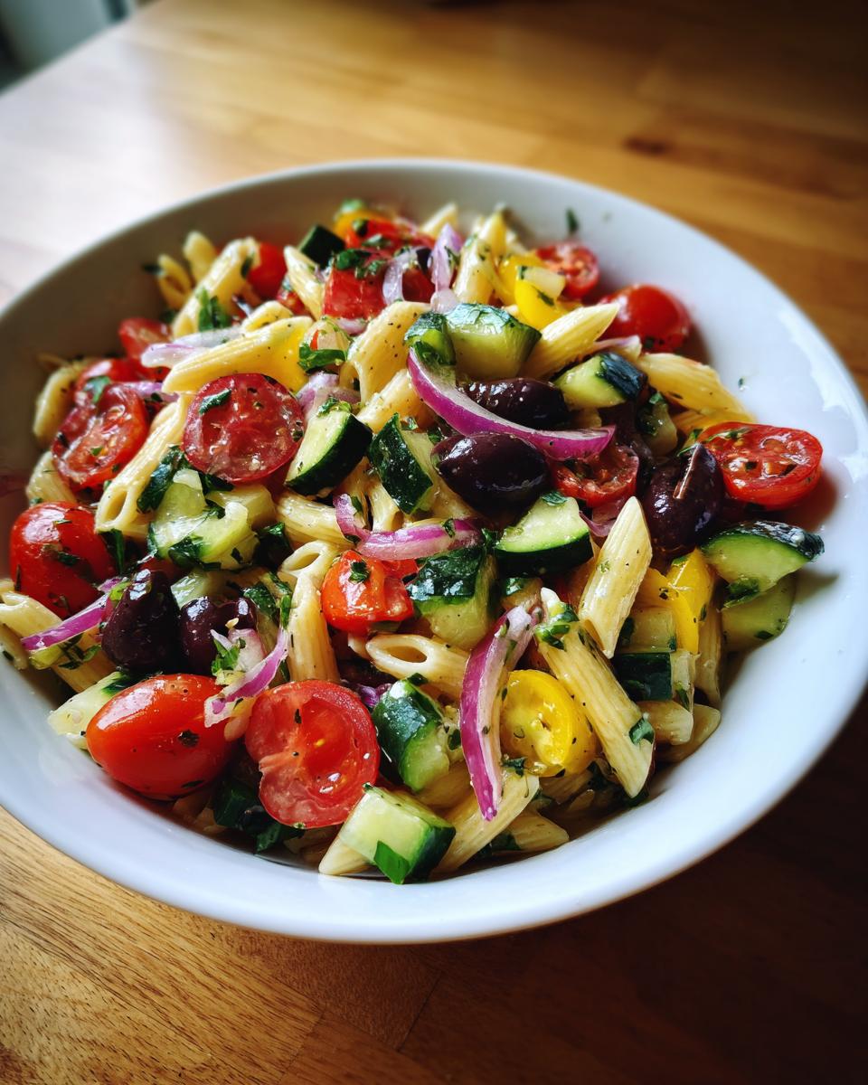 Delicious pasta salad with penne, tomatoes, olives, cucumbers, and red onion. Learn how do you make pasta salad.